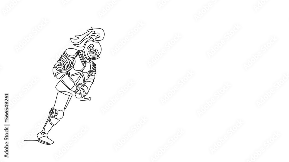 Poster animated self drawing of continuous line draw knight in armor, cape and helmet with feather. warrior