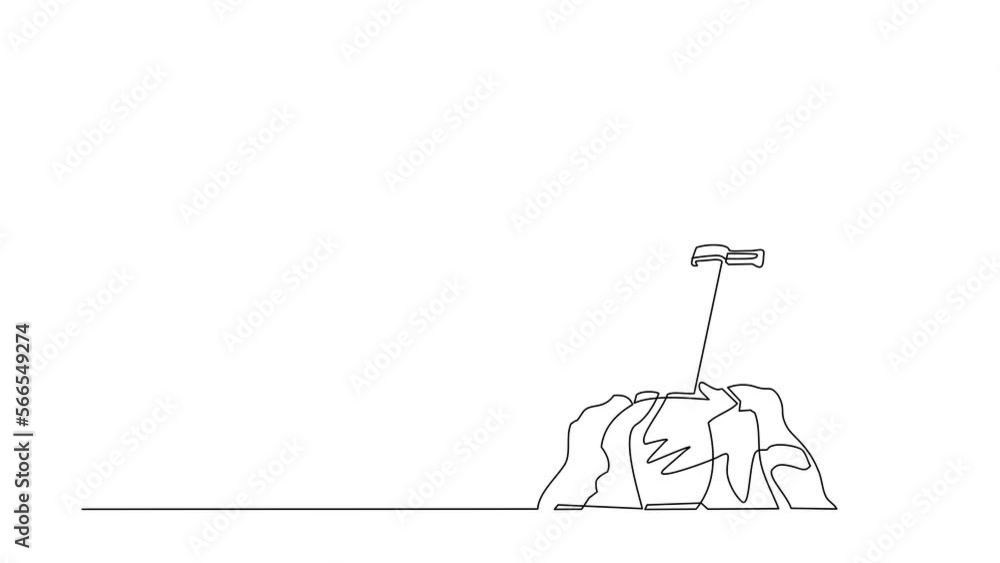 Poster animated self drawing of continuous line draw excalibur sword stuck in stone. iconic scene from medi