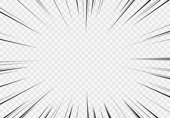 Obraz premium Manga transparent background, explosion and speed radial lines, cartoon vector. Comic manga anime effect background for explosion action with radial lines pattern frame for superhero burst motion
