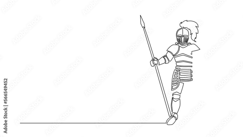 Poster animated self drawing of single continuous line draw full body armor suit, european medieval knight 