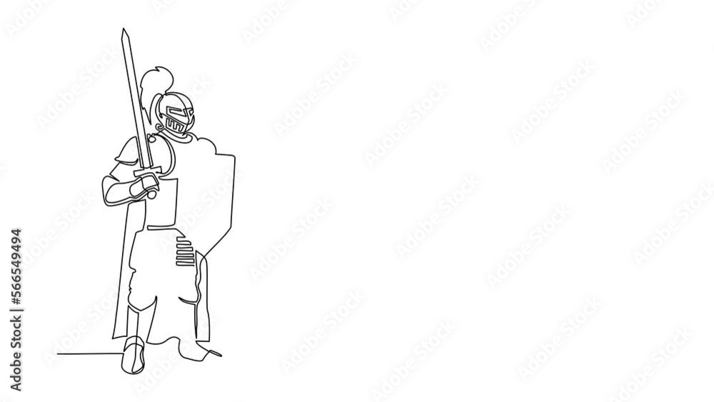 Aufkleber animated self drawing of continuous line draw medieval knight standing in armor helmet holding shiel