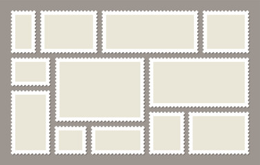 Post stamp. Empty postage stamps set. Postal shapes border. Blank frames for mail letter. Collection paper postmarks isolated on gray background. Vector illustration.