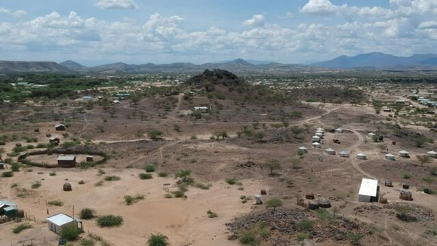 Drone aerials over turkana African village during the day