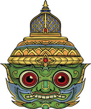 The Tossakan or Thotsakan or Ravana mask crown and dress in Ramakien or Ramayana Mahabharata literature draw in funny cartoon vector