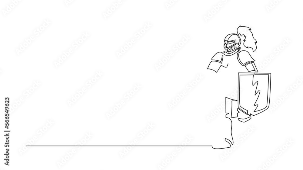Poster animated self drawing of continuous line draw knight standing in armor and helmet holding shield and