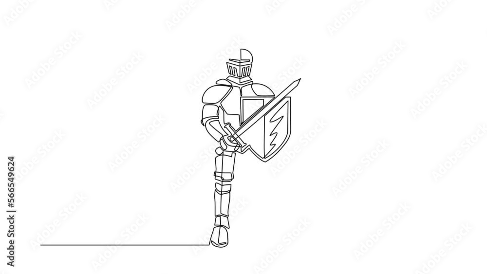 Poster animated self drawing of continuous line draw knight in armor, cape, helmet with feather. warrior of