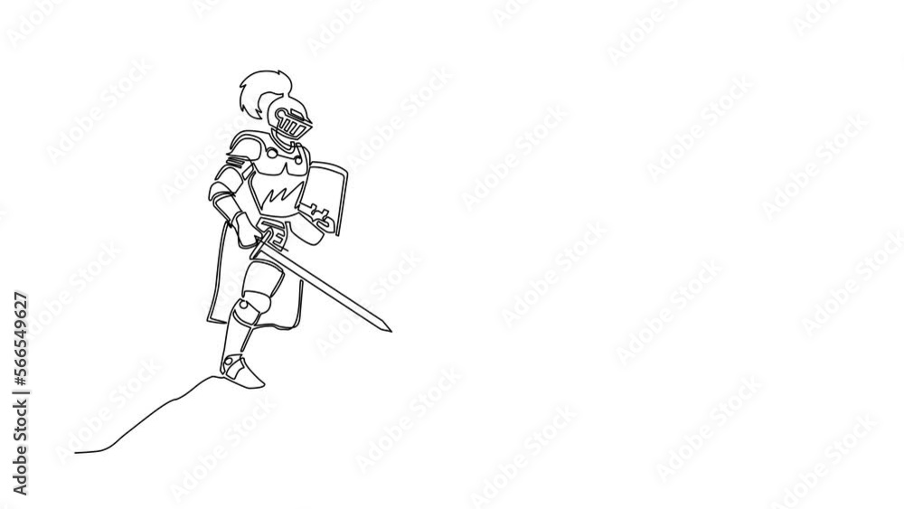 Aufkleber animated self drawing of continuous line draw medieval knight standing in armor, helmet holding shie