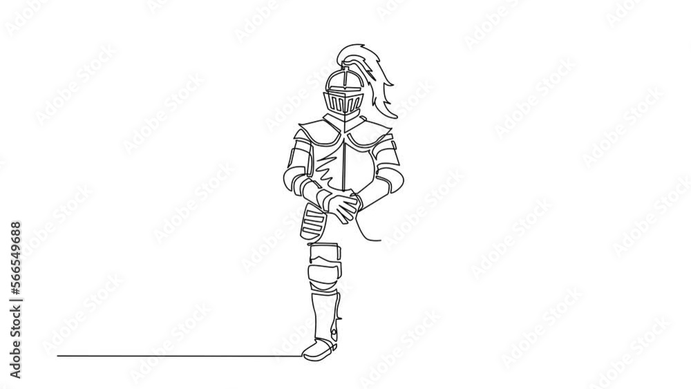Poster Animated self drawing of continuous line draw knight in armor, cape and helmet with feather. Warrior of middle ages standing and leaning on sword. Chivalry figure. Full length single line animation