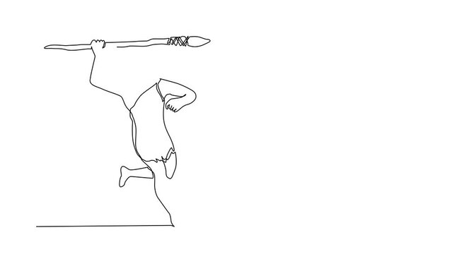 Animated self drawing of continuous line draw primitive person hunts animal. Hunter, man hunting animal with stone spear, caveman of prehistoric period with weapon. Full length one line animation