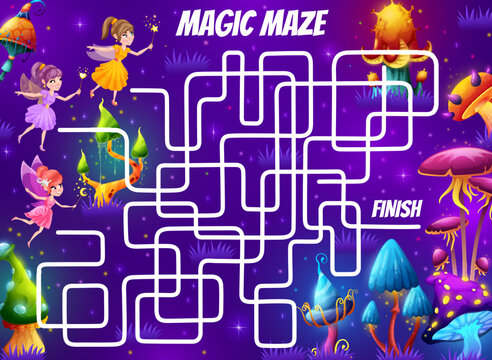 Labyrinth maze, cartoon fairy in magic mushrooms forest. Kids vector boardgame, worksheet riddle help pixies find correct way in night fantasy wood. Quiz task with tangled path and faerie personages