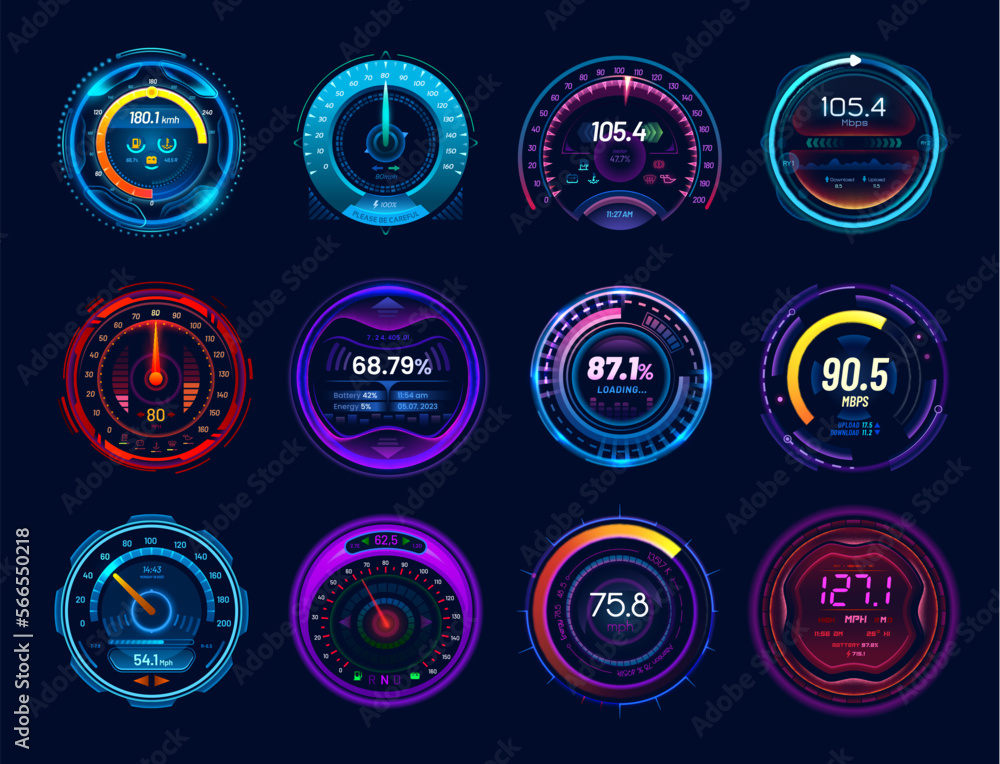 Poster Futuristic car speedometer gauge dials, neon led speed meter, vector dashboard. Digital speedometers, car races interface counters and tachometer indicator or gauge dial panel or loading bars
