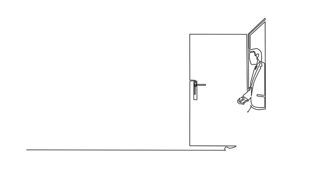 Animated self drawing of continuous line draw businessman on white background walking through an open door frame. Business ventures. Entering new market. Career growth. Full length one line animation