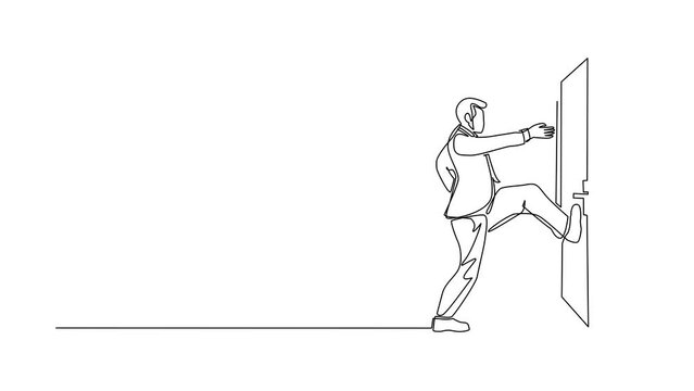 Self drawing animation of single line draw businessman kicks door closed with leg. Business and success. Aggressive business approach. Business struggles. Continuous line draw. Full length animated