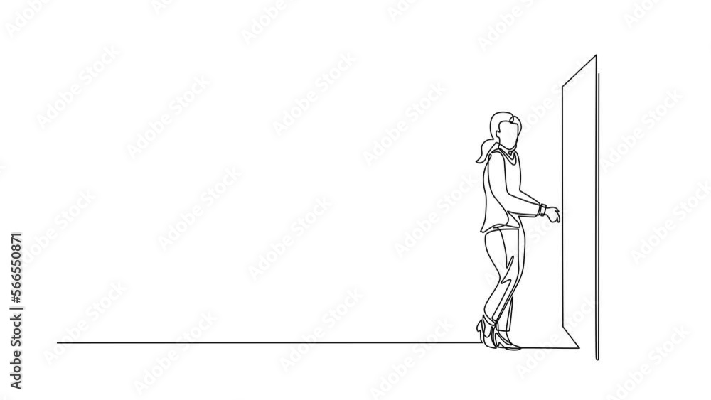 Poster animated self drawing of continuous line draw businesswoman inserts key into keyhole which is on the