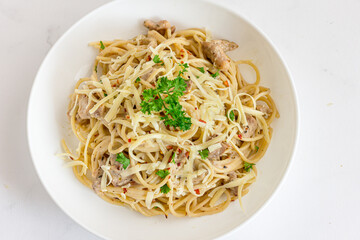 Spaghetti Chicken Pasta in  Abowl Top Down Close Up Photo