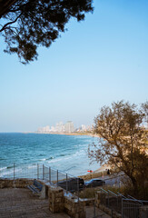 Fototapeta na wymiar TEL AVIV, ISRAEL .Mediterranean sea. A very beautiful view of Tel Aviv, the beach and the sea in the rays of the setting sun. View from the park of the old city of Jaffa to modern Tel Aviv.