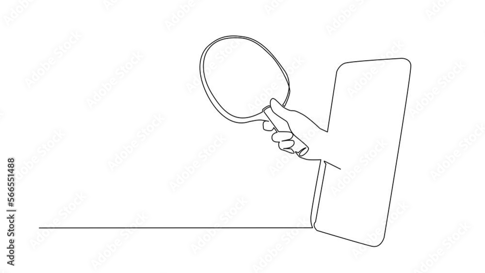 Aufkleber self drawing animation of single line draw player hand holds table tennis bat through mobile phone. 