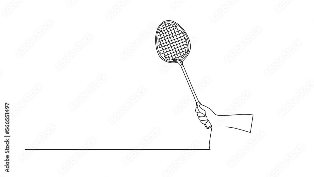 Poster self drawing animation of single line draw player hand holds badminton racket through mobile phone. 