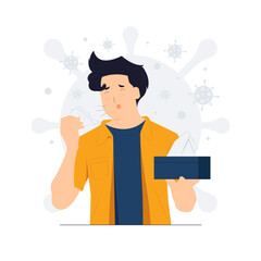 Cough and blowing nose with tissue, having a cold, while lying sick in sofa with virus around concept illustration