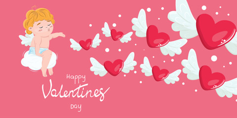 Happy Valentines day. Cute little cupid sitting on the cloud and sending kisses.