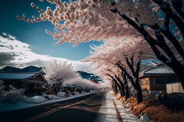 Cherry blossoms in Hokkaido, Japan, generative ai