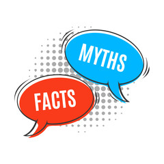 Myths vs facts icon, truth and false, fake versus true, fiction opposite reality vector speech bubbles on pop art halftone background. True or false game, fact checking and myth busting quiz badge