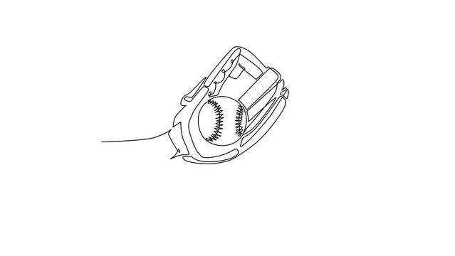 Animated self drawing of single continuous line draw baseball player hand holding ball with glove. Catcher concept. Sports equipment stock. Mitt holding baseball ball. Full length one line animation