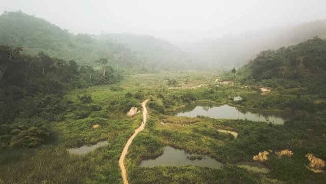 Aerial shot of abandoned gold mines in Ghana