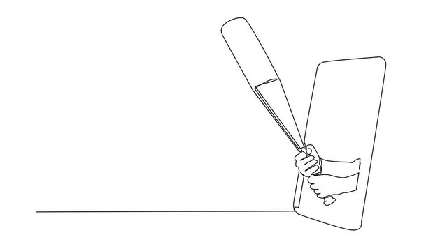 Animated self drawing of continuous line draw player hand holds baseball bat through mobile phone. Smartphone with baseball games app. Mobile sports stream championship. Full length one line animation
