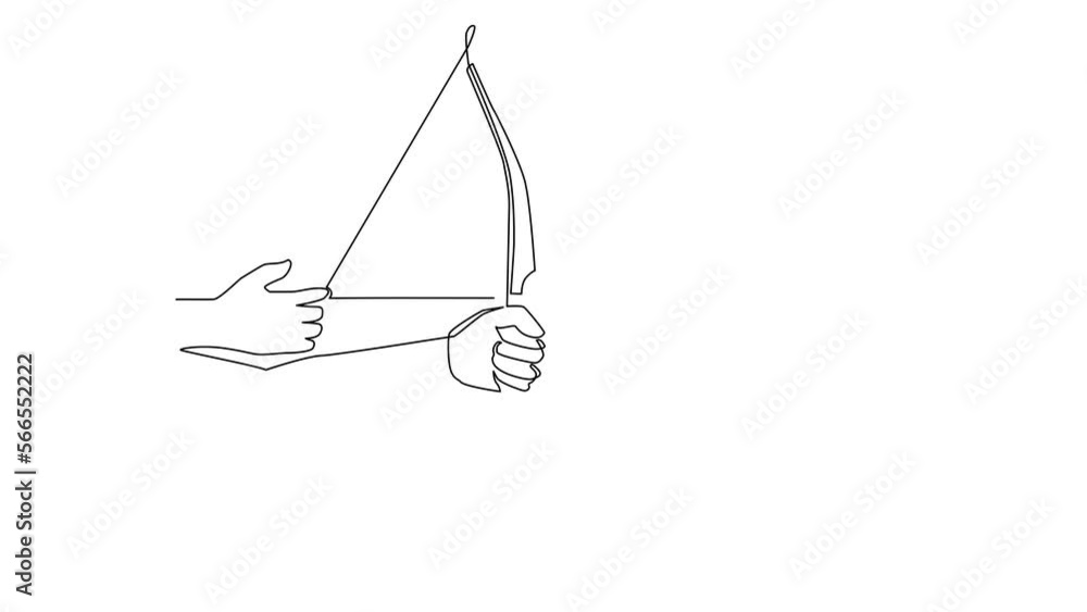 Poster animated self drawing of continuous line draw hand holding bow arrow aiming ready to shooting target