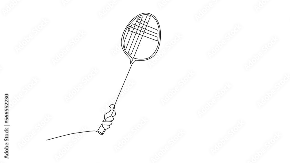 Poster animated self drawing of single continuous line draw player hand holding badminton racket. sport equ