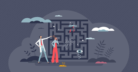 Cognitive behavioral therapy or CBT for emotion solution tiny person concept. Find exit for thinking disorder, deep depression or psychological mental illness vector illustration. Professional support