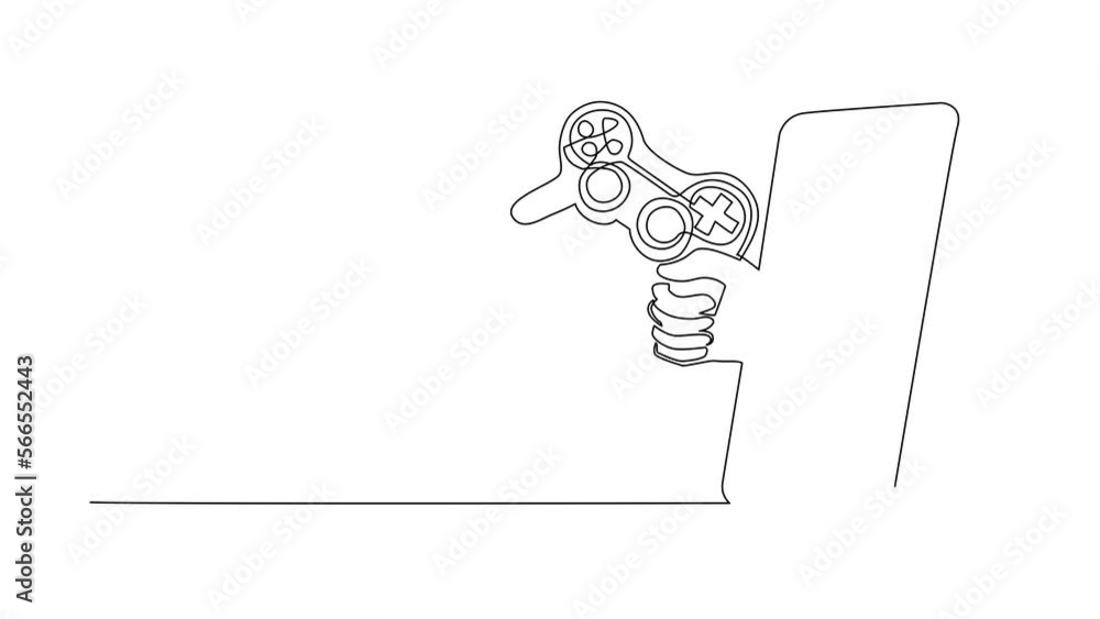 Poster self drawing animation of single line draw gamer hand holds joystick through mobile phone. smartphon