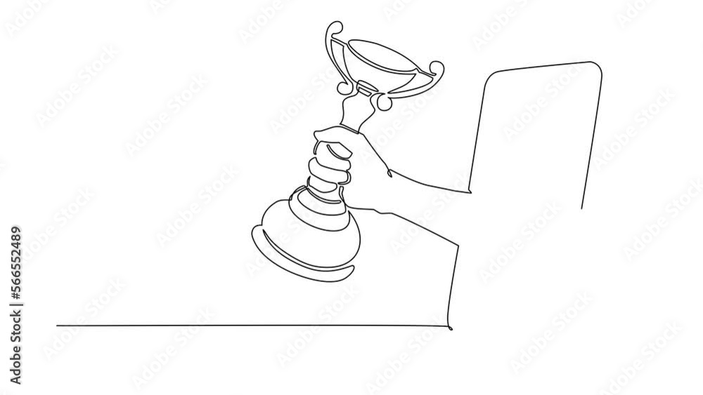 Aufkleber animated self drawing of continuous one line draw player hand holds trophy through mobile phone. sma