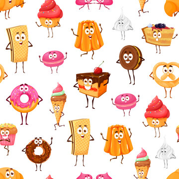 Cartoon desserts and confectionery characters seamless pattern. Fabric print or background with funny cake, cookies and muffin, ice cream, waffles and donut. Pastry sweets personages vector wallpaper