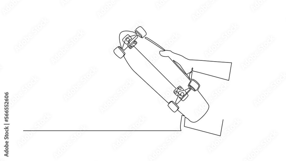 Aufkleber animated self drawing of continuous line draw player hand holds skateboard through mobile phone. sma