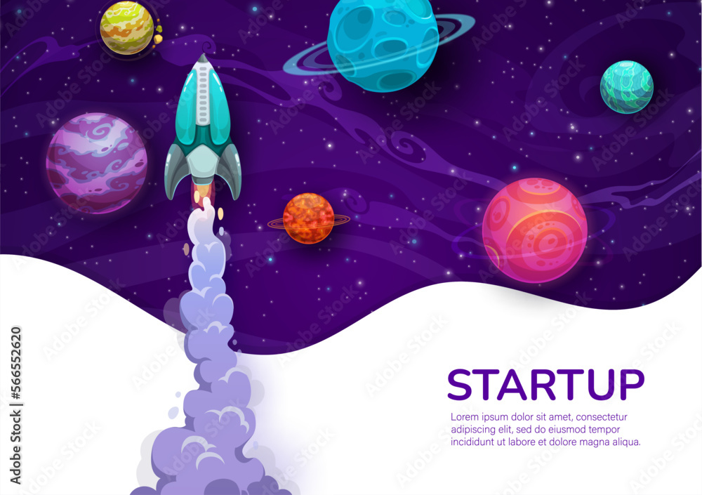 Poster business startup project. rocketship launch and galaxy space planets. business project internet site