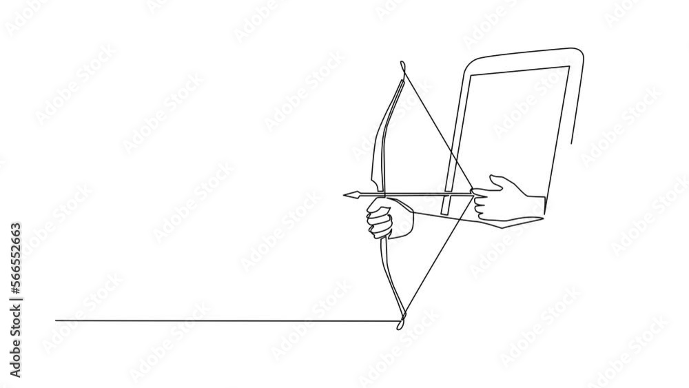 Poster animated self drawing of continuous line draw archer hand holds arrow and bow through mobile phone. 