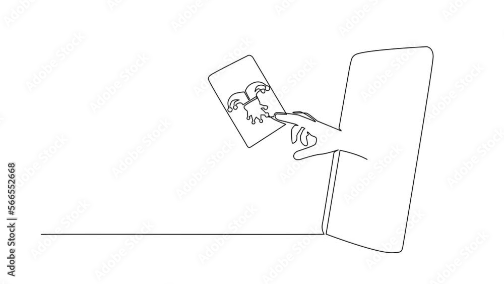 Poster self drawing animation of single line draw player hand holds joker card through mobile phone. smartp