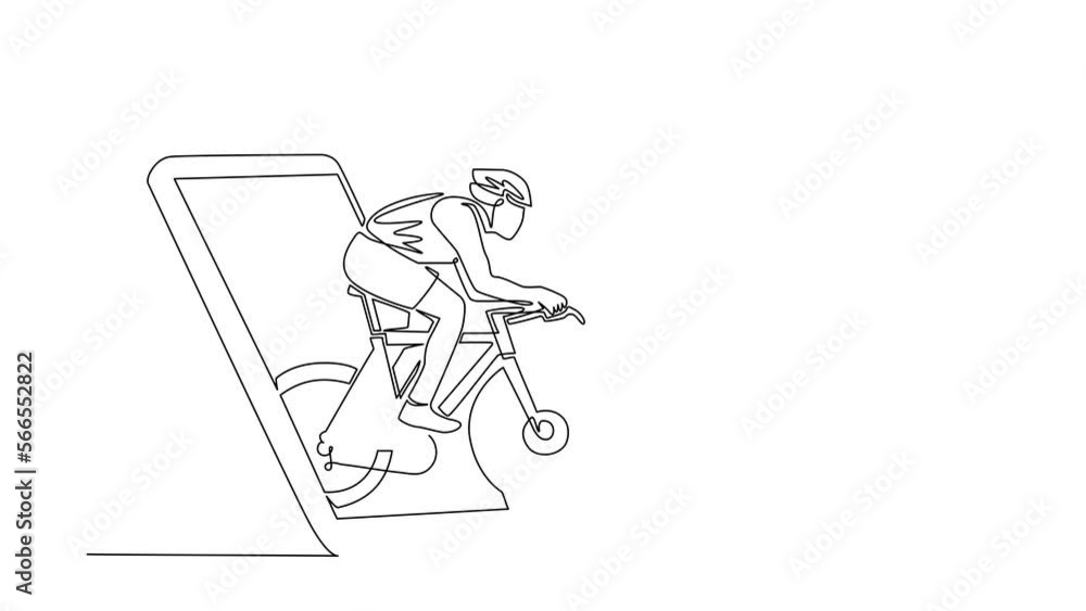 Poster animated self drawing of continuous line draw bicycle racer improve his speed at training session ge