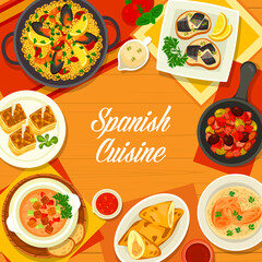 Spanish cuisine menu cover with food dishes and meals, vector tapas of Spain. Traditional Spanish restaurant menu with seafood paella and chicken empanadas, rabbit in bread sauce and potato tortilla