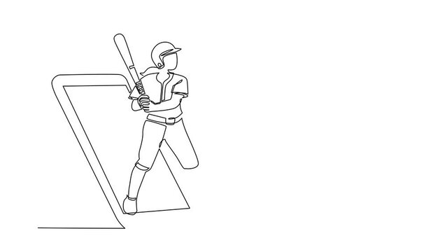 Animated self drawing of continuous line draw baseball player ready to hit ball getting out of screen. Mobile sports play matches. Online baseball game mobile app. Full length single line animation