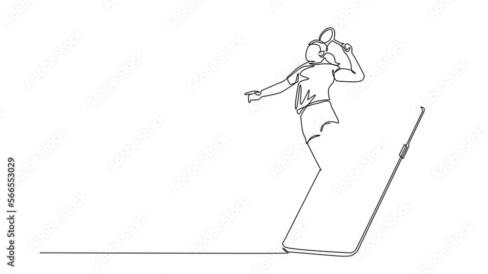 Poster animated self drawing of continuous line draw woman badminton player jump hit shuttlecock getting ou