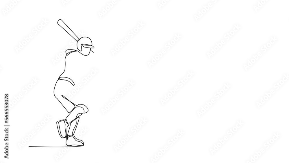 Poster animated self drawing of continuous line draw agile man baseball player ready to hit ball. baseball 
