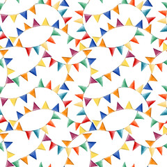 Watercolor seamless pattern with Festive colorful flags. Hand drawn background in blue, orange, yellow, red green colors