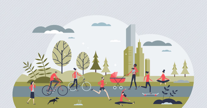 Active transportation city and healthy sport activity tiny person concept. Alternative transport without vehicles for green, sustainable and nature friendly urban environment vector illustration.