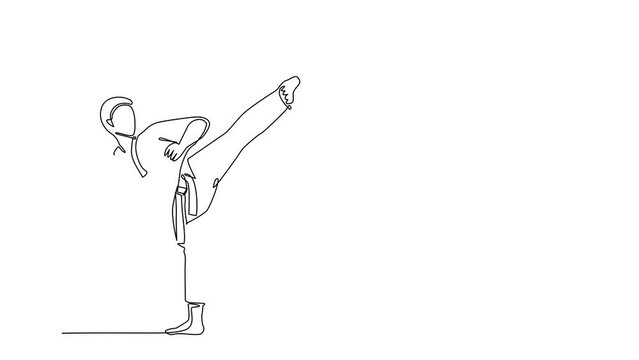 Animated self drawing of continuous line draw sporty taekwondo doing kick pose in fight uniform with belt exercising martial art at gym. Healthy sport lifestyle. Full length single line animation
