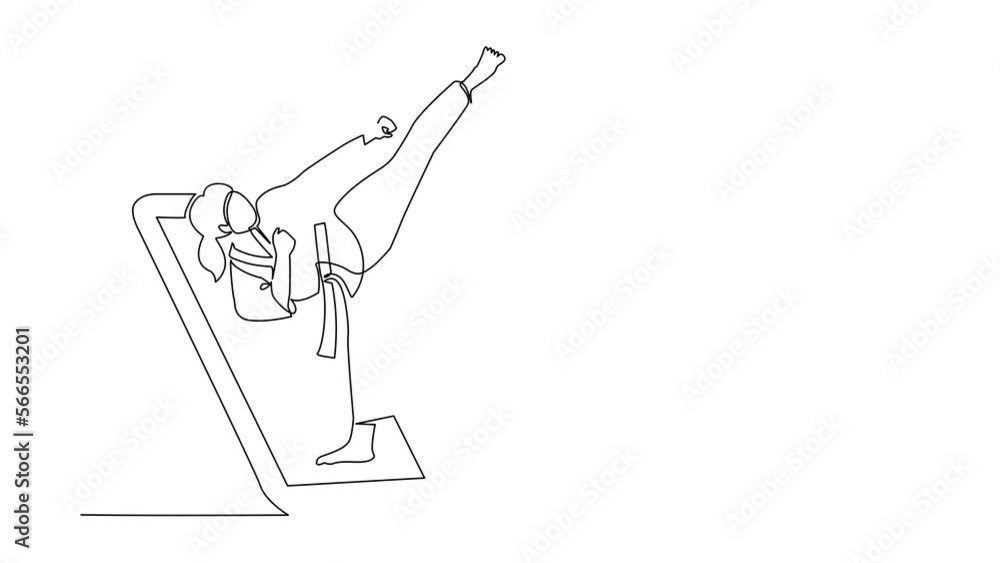 Poster animated self drawing of continuous line draw taekwondo in fight uniform doing kick pose getting out