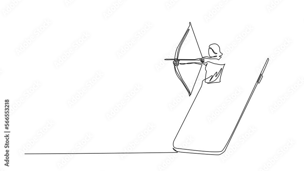 Poster animated self drawing of continuous line draw woman with bow and arrow getting out of smartphone. mo