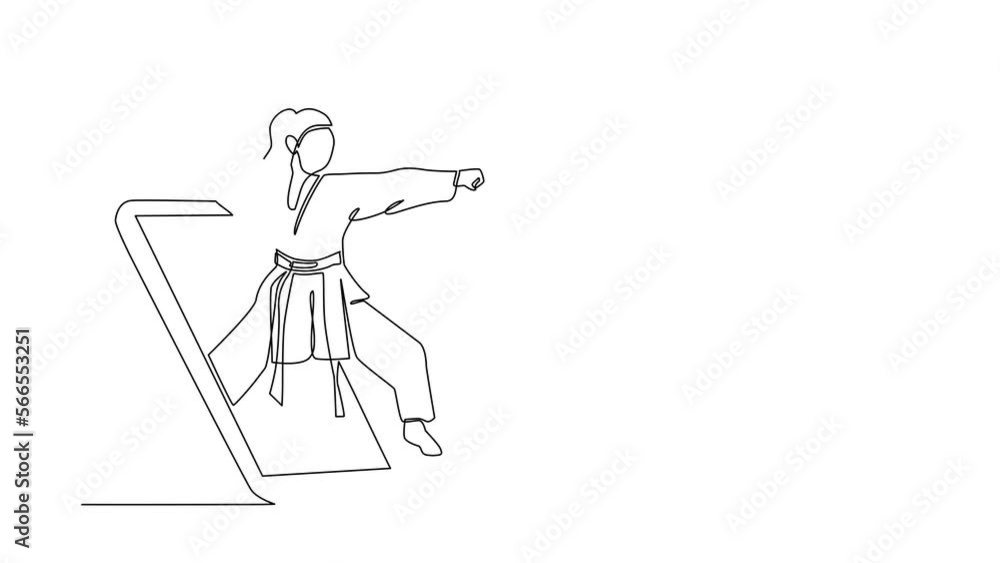 Aufkleber animated self drawing of continuous line draw karateka in kimono practicing karate punch getting out